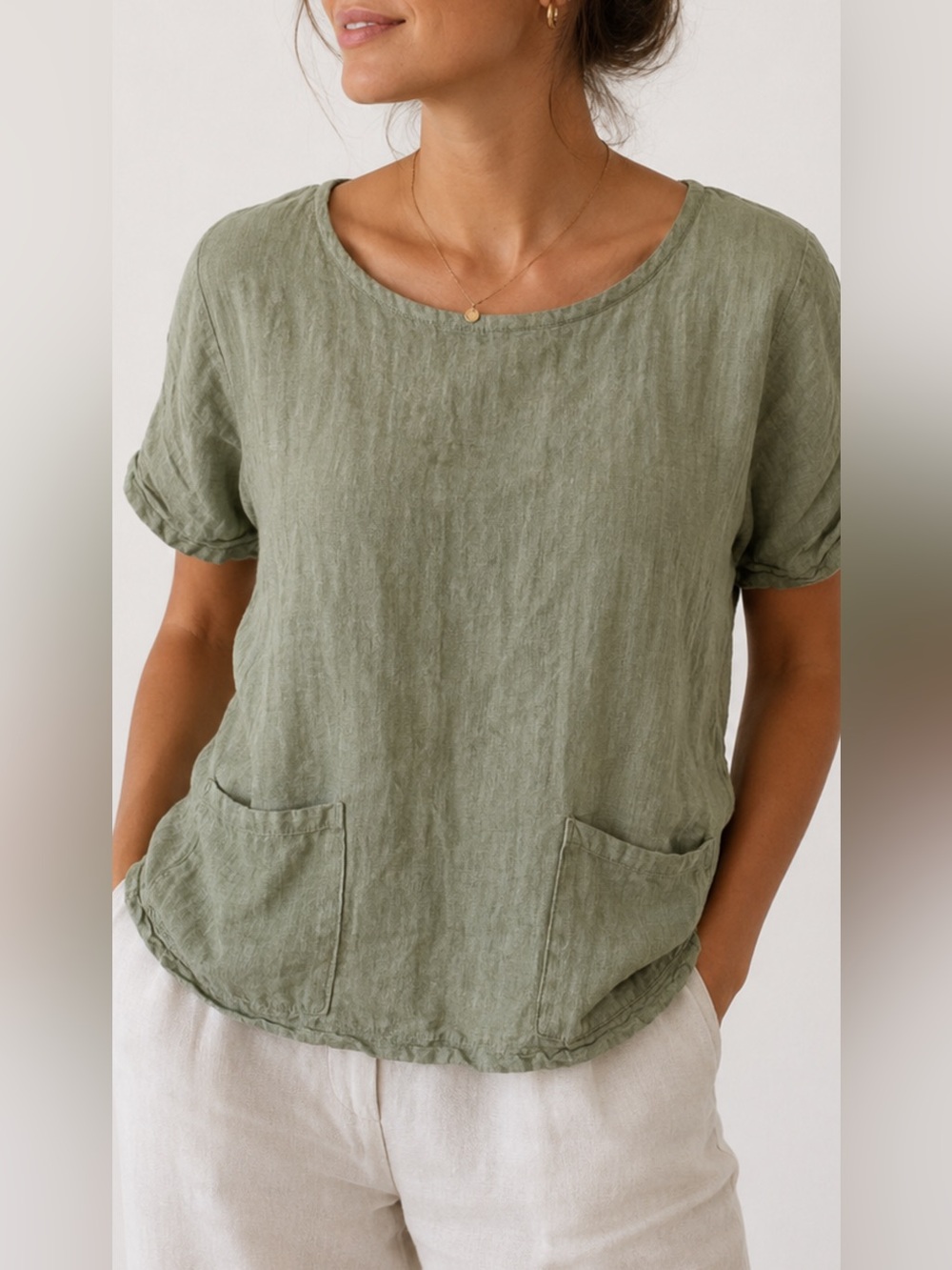 Francesca Bettini Linen Top M Green Made Italy Short Sleeve Pocket Blouse
